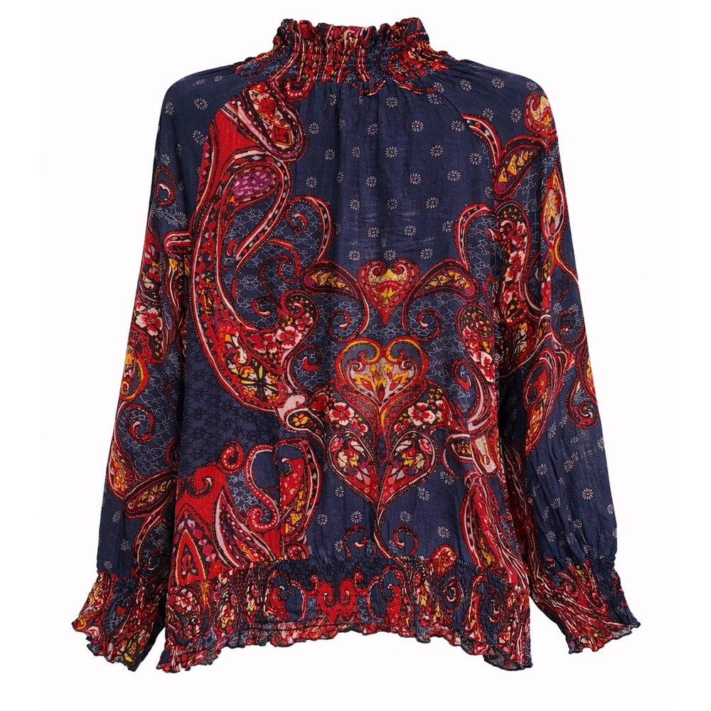 LASCANA Paisley Boho Peasant Blouse Size XL Smocked Ruffle Top - Picture 3 of 5